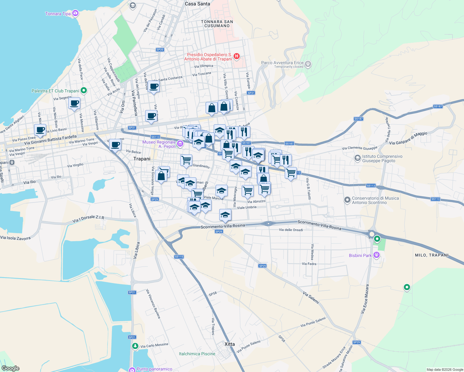 map of restaurants, bars, coffee shops, grocery stores, and more near 19 Via Emilia Romagna in Trapani