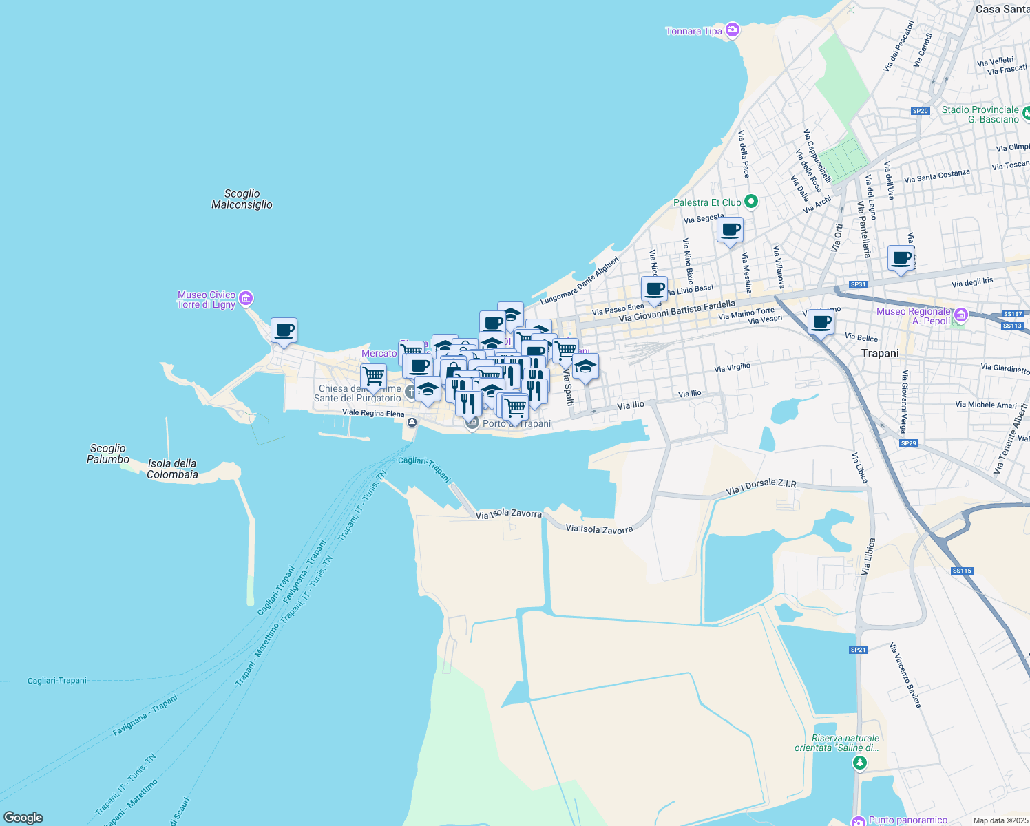 map of restaurants, bars, coffee shops, grocery stores, and more near 31 Vicolo Adragna in Trapani