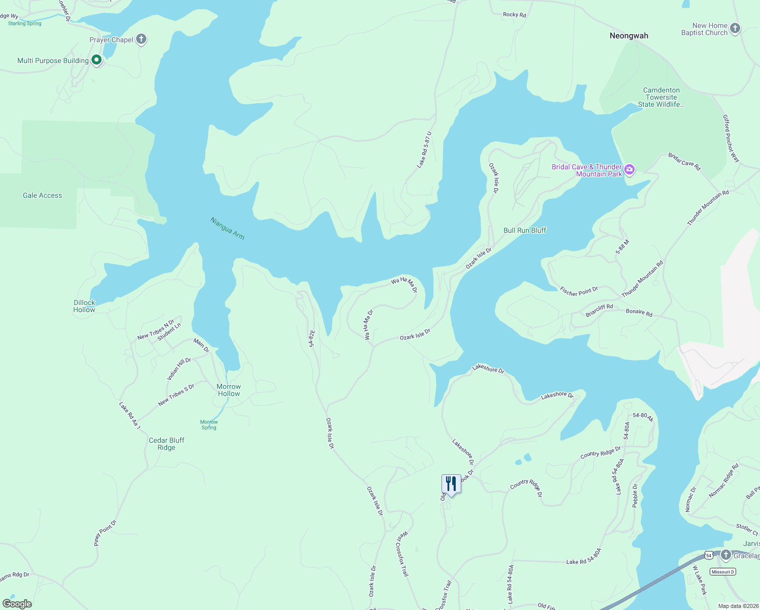 map of restaurants, bars, coffee shops, grocery stores, and more near Wa Ha Ma Drive in Camdenton