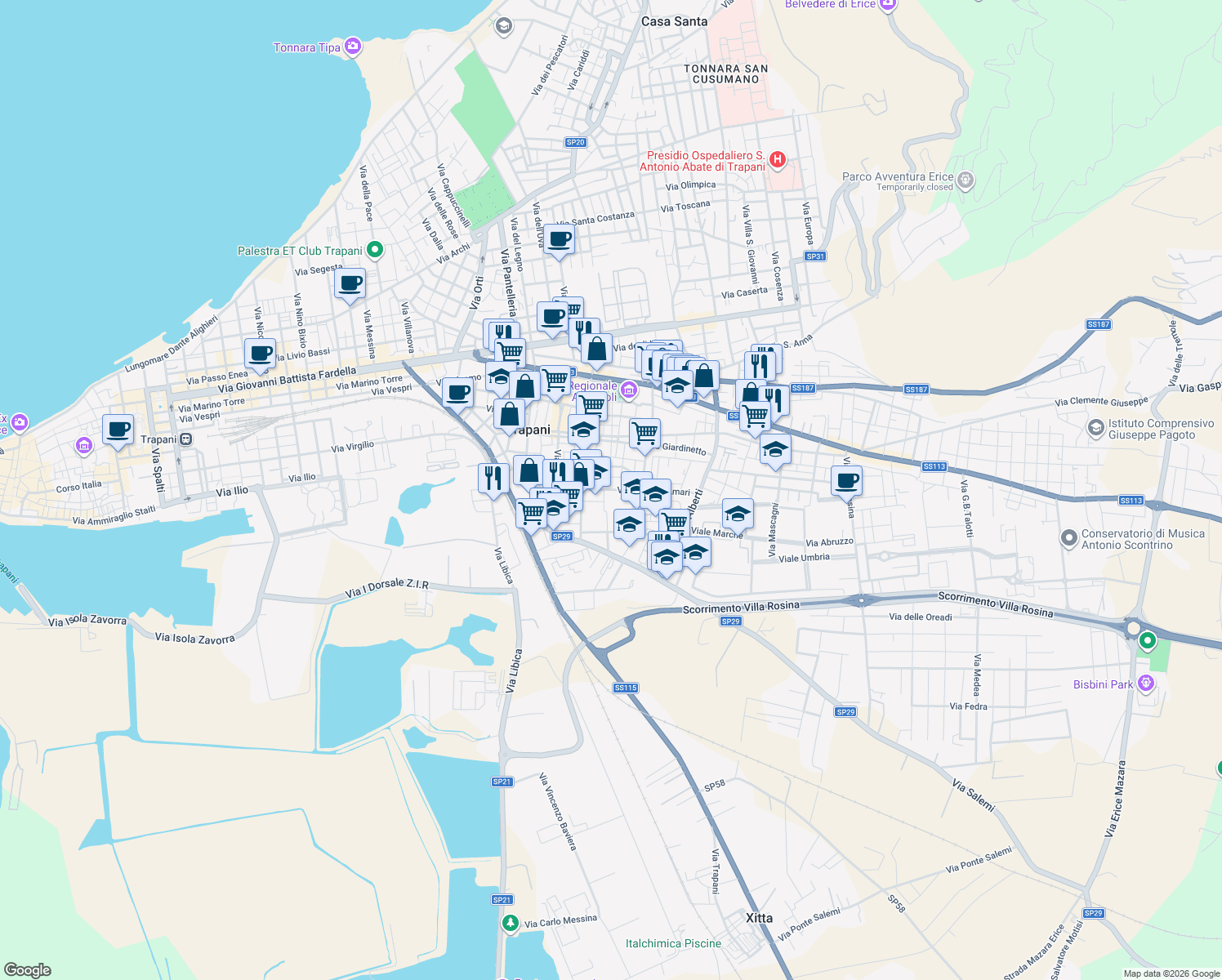 map of restaurants, bars, coffee shops, grocery stores, and more near 8 Via Terenzio in Trapani