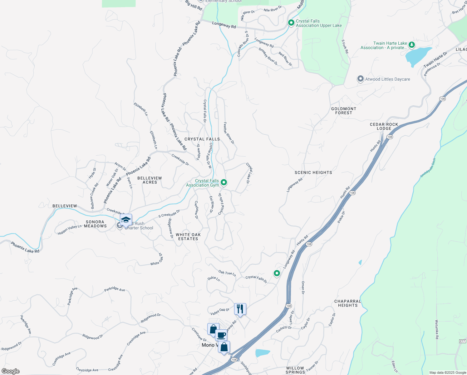 map of restaurants, bars, coffee shops, grocery stores, and more near 21616-21656 Crystal Lake Drive in Sonora