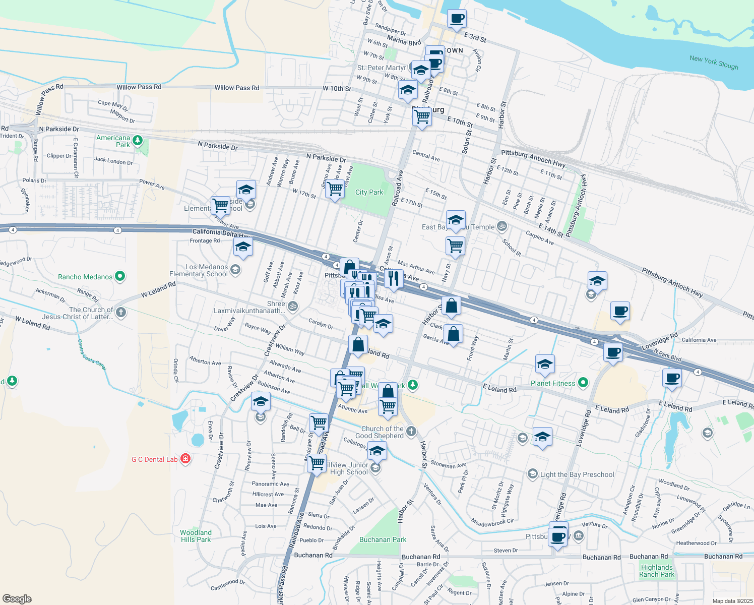 map of restaurants, bars, coffee shops, grocery stores, and more near 50 Bliss Avenue in Pittsburg