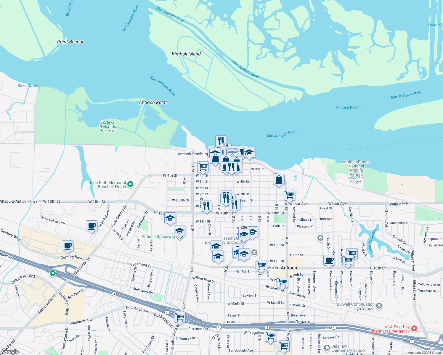 map of restaurants, bars, coffee shops, grocery stores, and more near 711 West 4th Street in Antioch