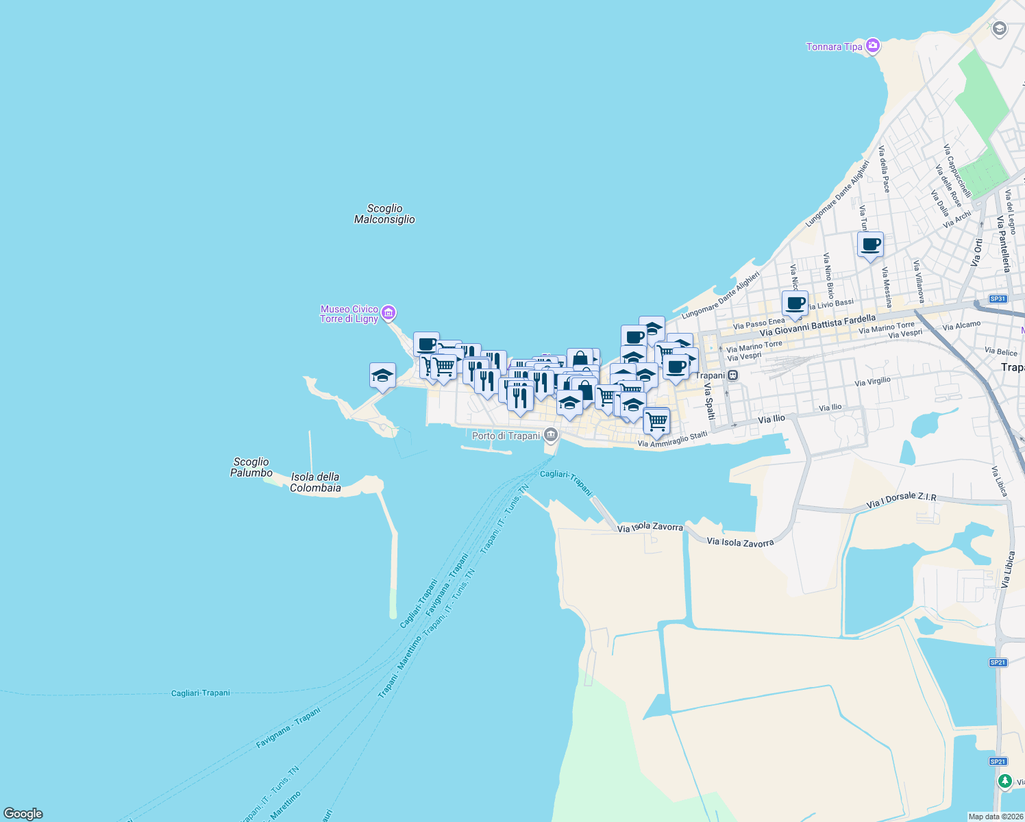 map of restaurants, bars, coffee shops, grocery stores, and more near 95 Via San Francesco D'Assisi in Trapani