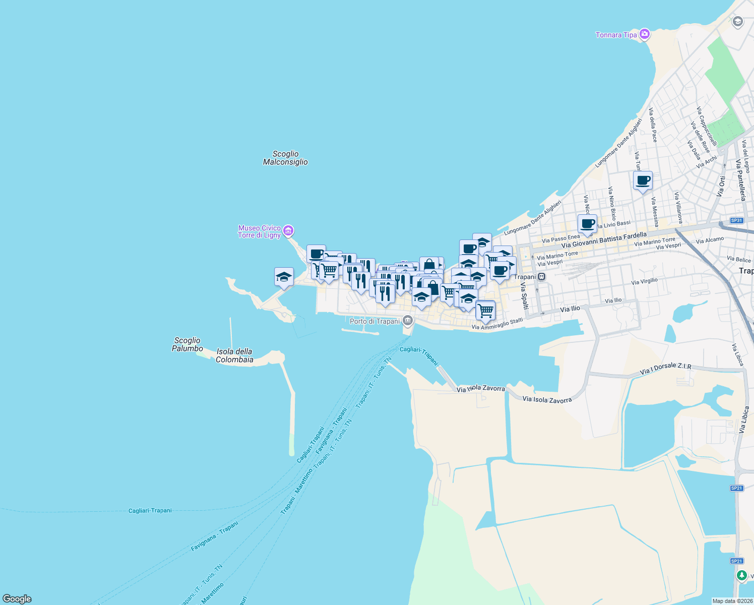 map of restaurants, bars, coffee shops, grocery stores, and more near 95 Via San Francesco D'Assisi in Trapani