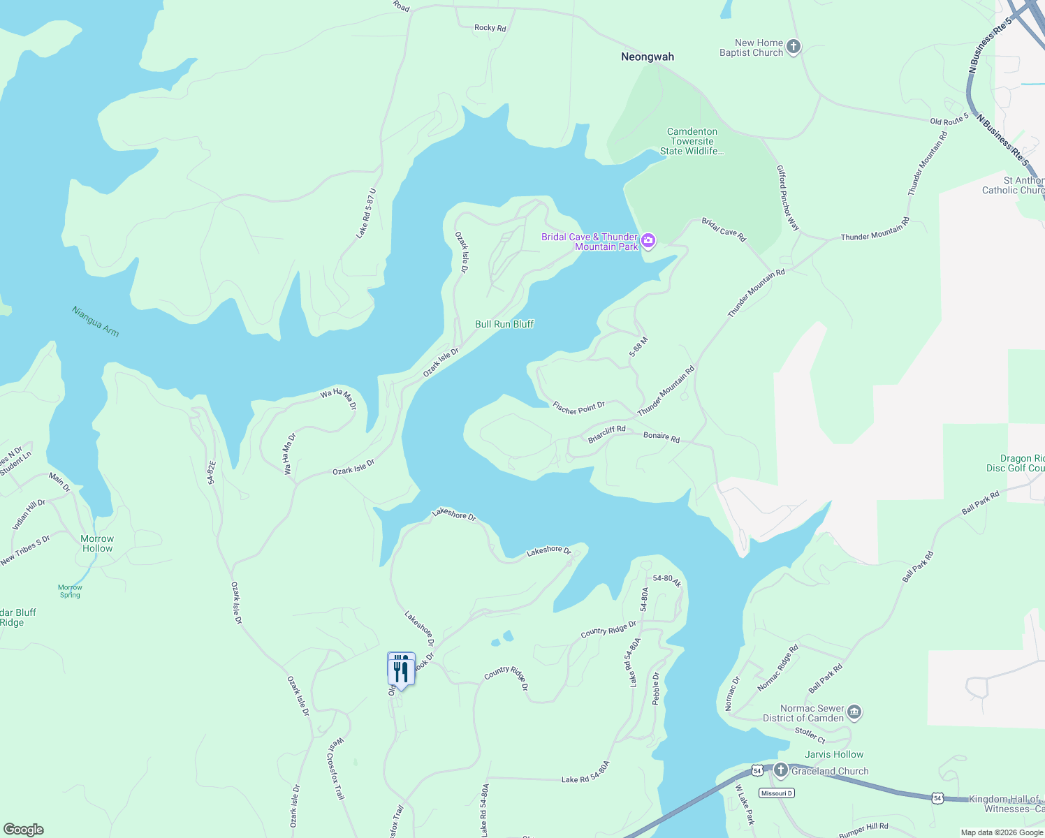 map of restaurants, bars, coffee shops, grocery stores, and more near Lake Road 5-88 P in Camdenton