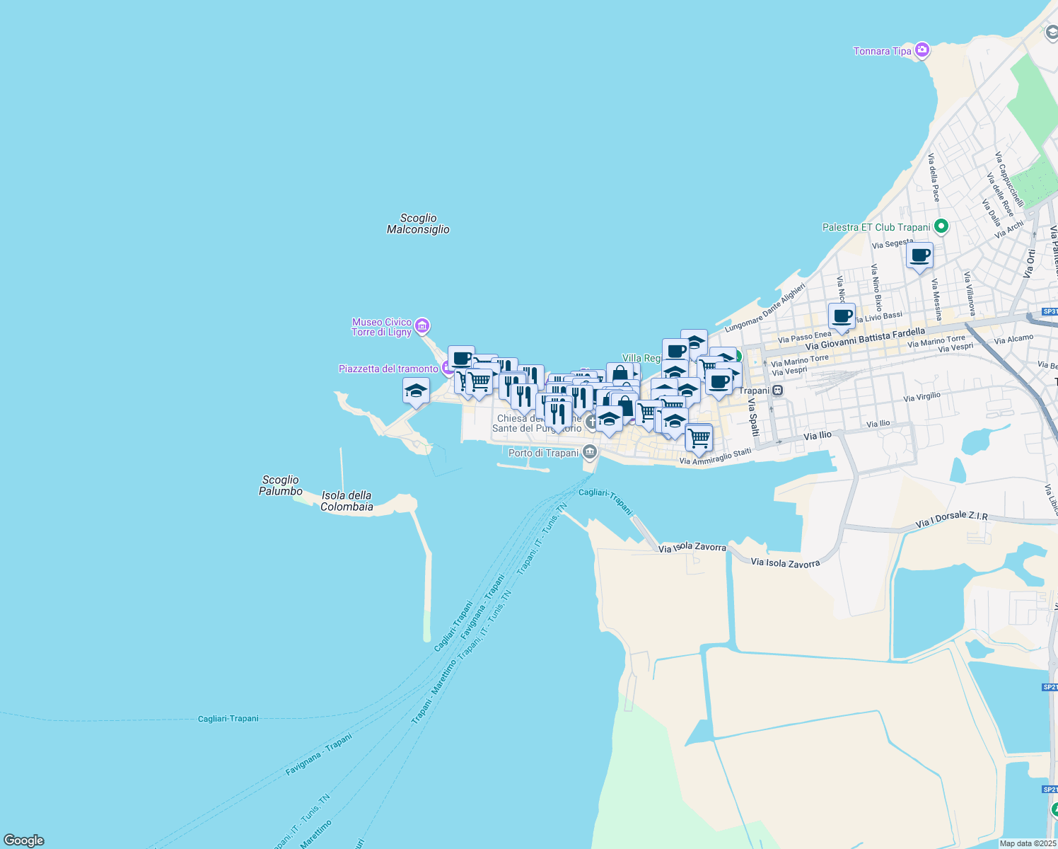 map of restaurants, bars, coffee shops, grocery stores, and more near 37 Via Duca D'Aosta in Trapani