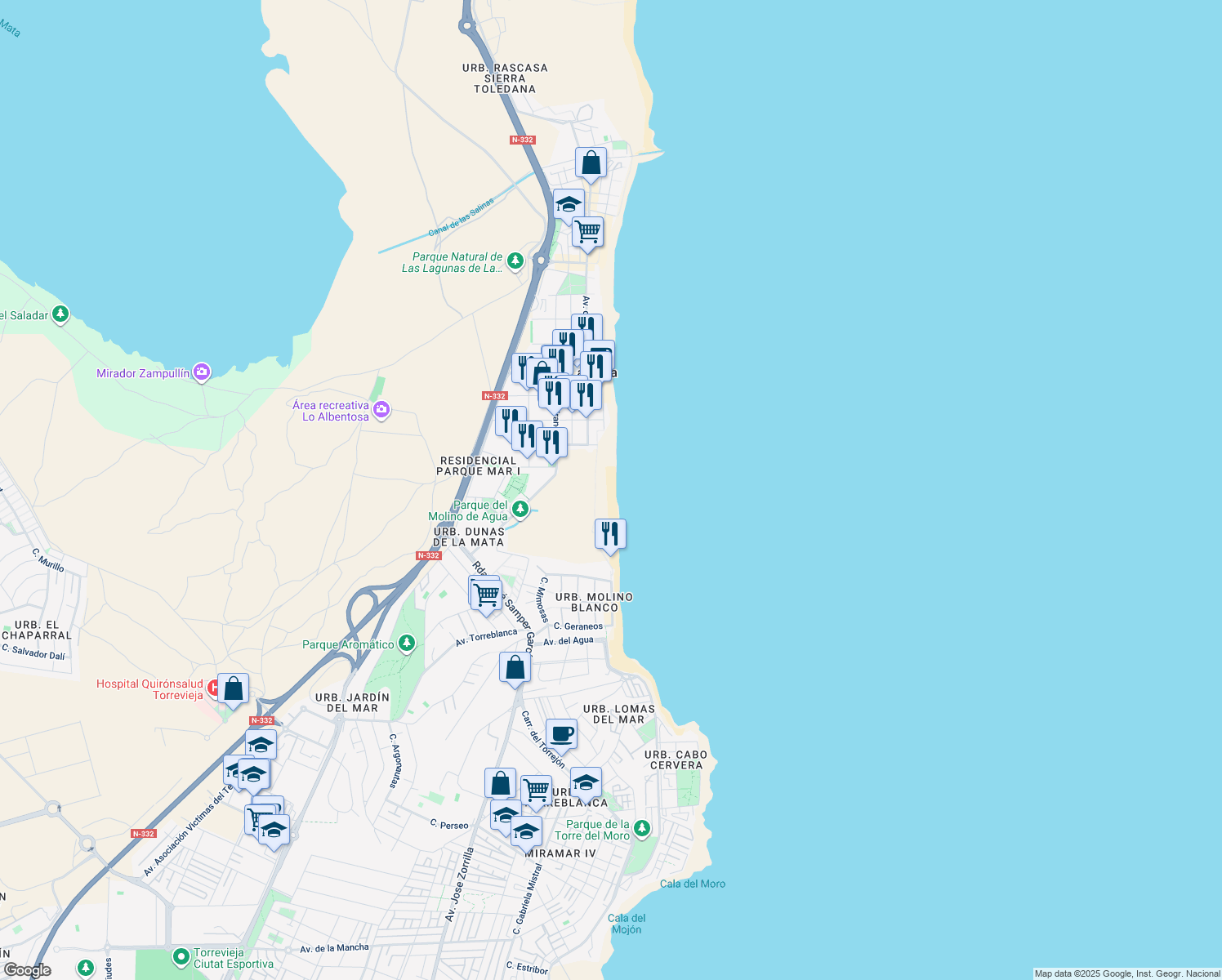 map of restaurants, bars, coffee shops, grocery stores, and more near in Torre La Mata