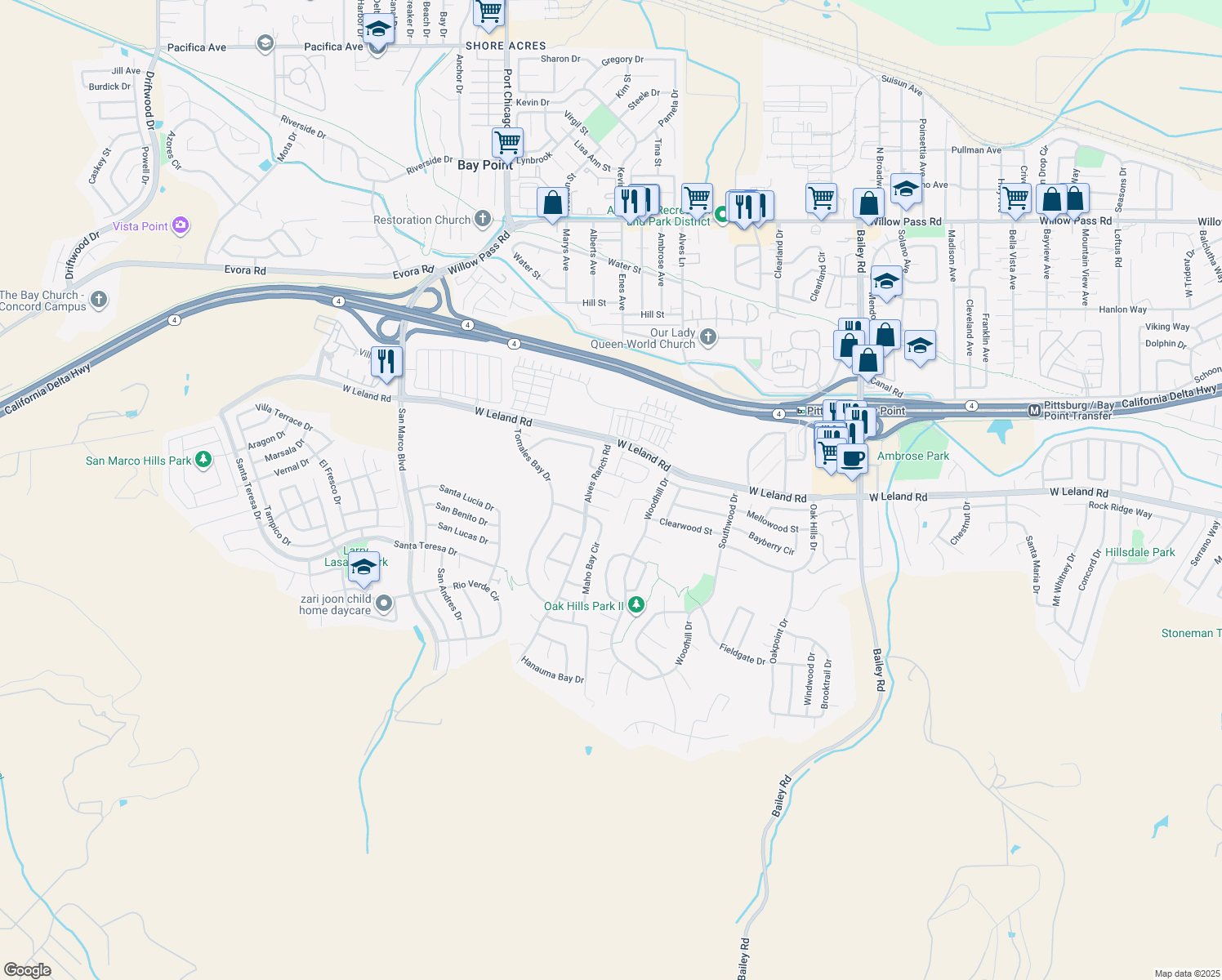 map of restaurants, bars, coffee shops, grocery stores, and more near 41 Coos Bay Court in Pittsburg