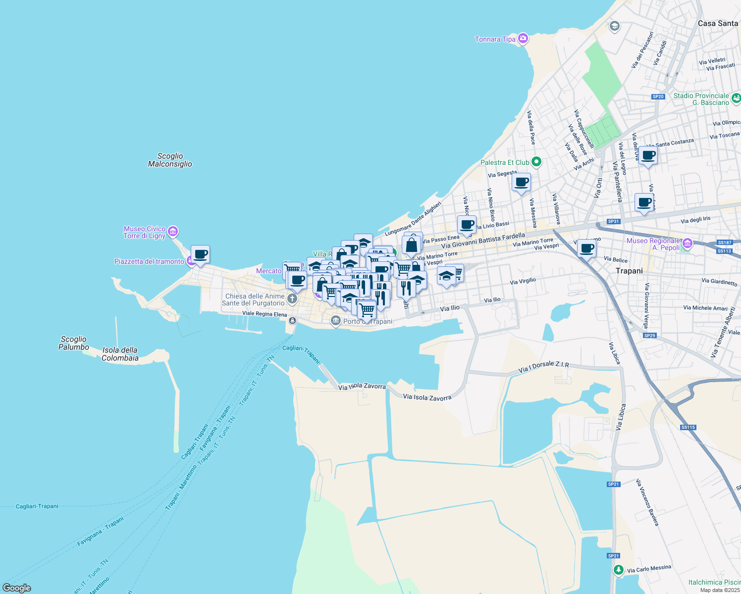 map of restaurants, bars, coffee shops, grocery stores, and more near 24 Via Giudecca in Trapani