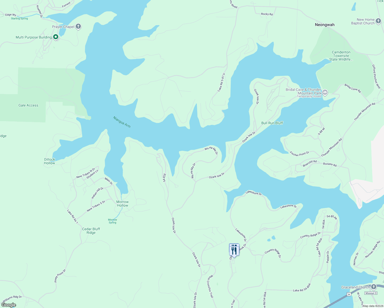 map of restaurants, bars, coffee shops, grocery stores, and more near 2 Wa Ha Ma Court in Camdenton