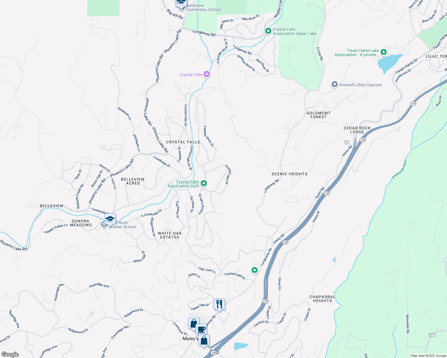 map of restaurants, bars, coffee shops, grocery stores, and more near 21671 Wasatch Mountain Drive in Sonora