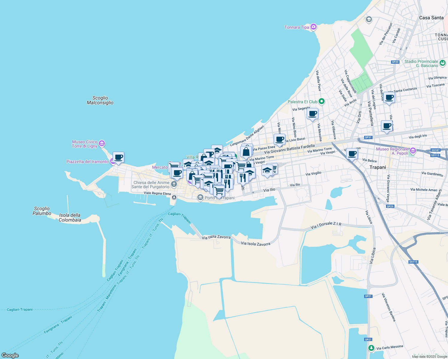 map of restaurants, bars, coffee shops, grocery stores, and more near 24-62 Via Giudecca in Trapani