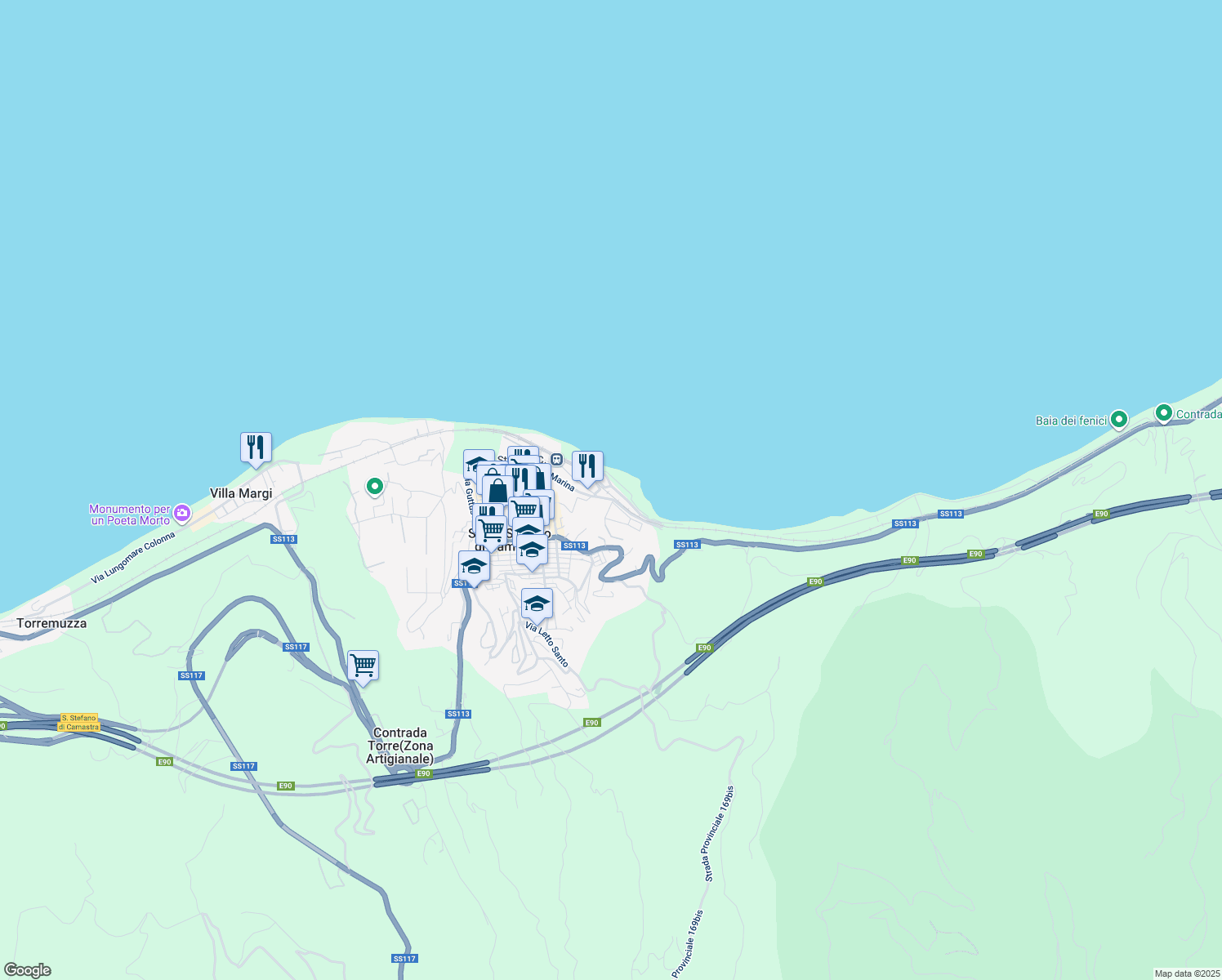 map of restaurants, bars, coffee shops, grocery stores, and more near 31 Via Marina in Santo Stefano di Camastra