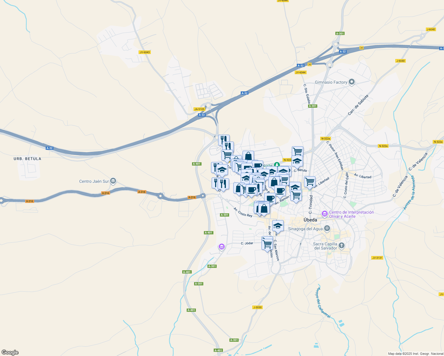 map of restaurants, bars, coffee shops, grocery stores, and more near 12 Calle Donantes de Sangre in Úbeda