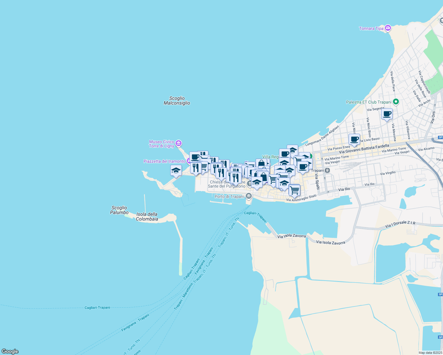 map of restaurants, bars, coffee shops, grocery stores, and more near 37 Via Duca D'Aosta in Trapani