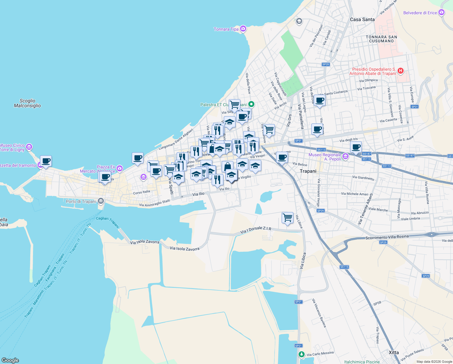 map of restaurants, bars, coffee shops, grocery stores, and more near 82 Via Virgilio in Trapani