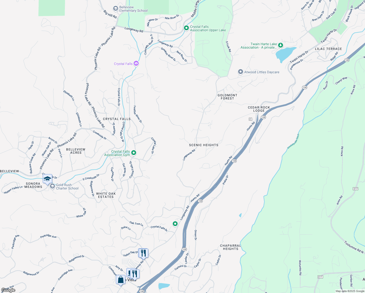 map of restaurants, bars, coffee shops, grocery stores, and more near 21754 Ferrari Road in Sonora