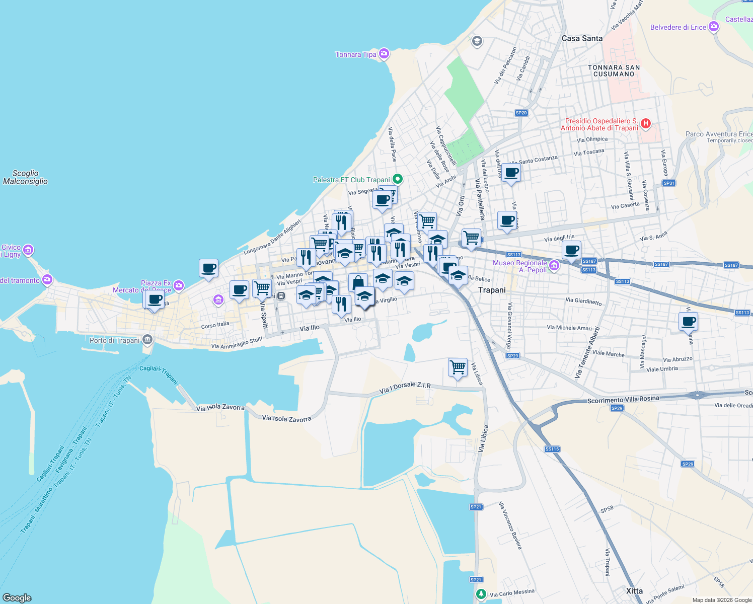 map of restaurants, bars, coffee shops, grocery stores, and more near 82 Via Virgilio in Trapani
