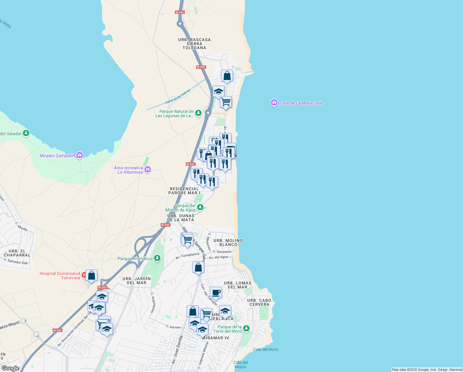 map of restaurants, bars, coffee shops, grocery stores, and more near 2 Avenida de Alemania in Torre La Mata