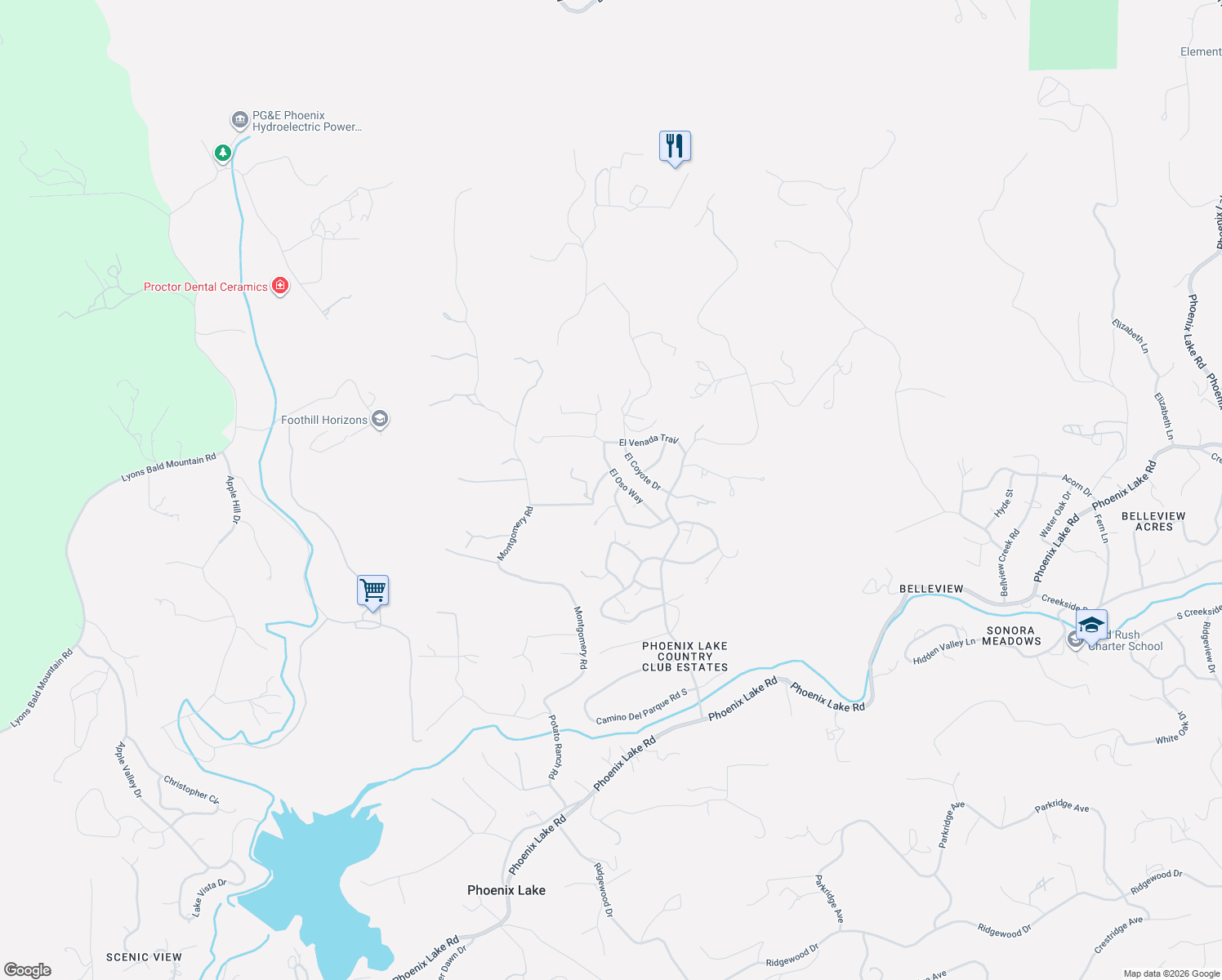 map of restaurants, bars, coffee shops, grocery stores, and more near 21816 El Oso Way in Sonora