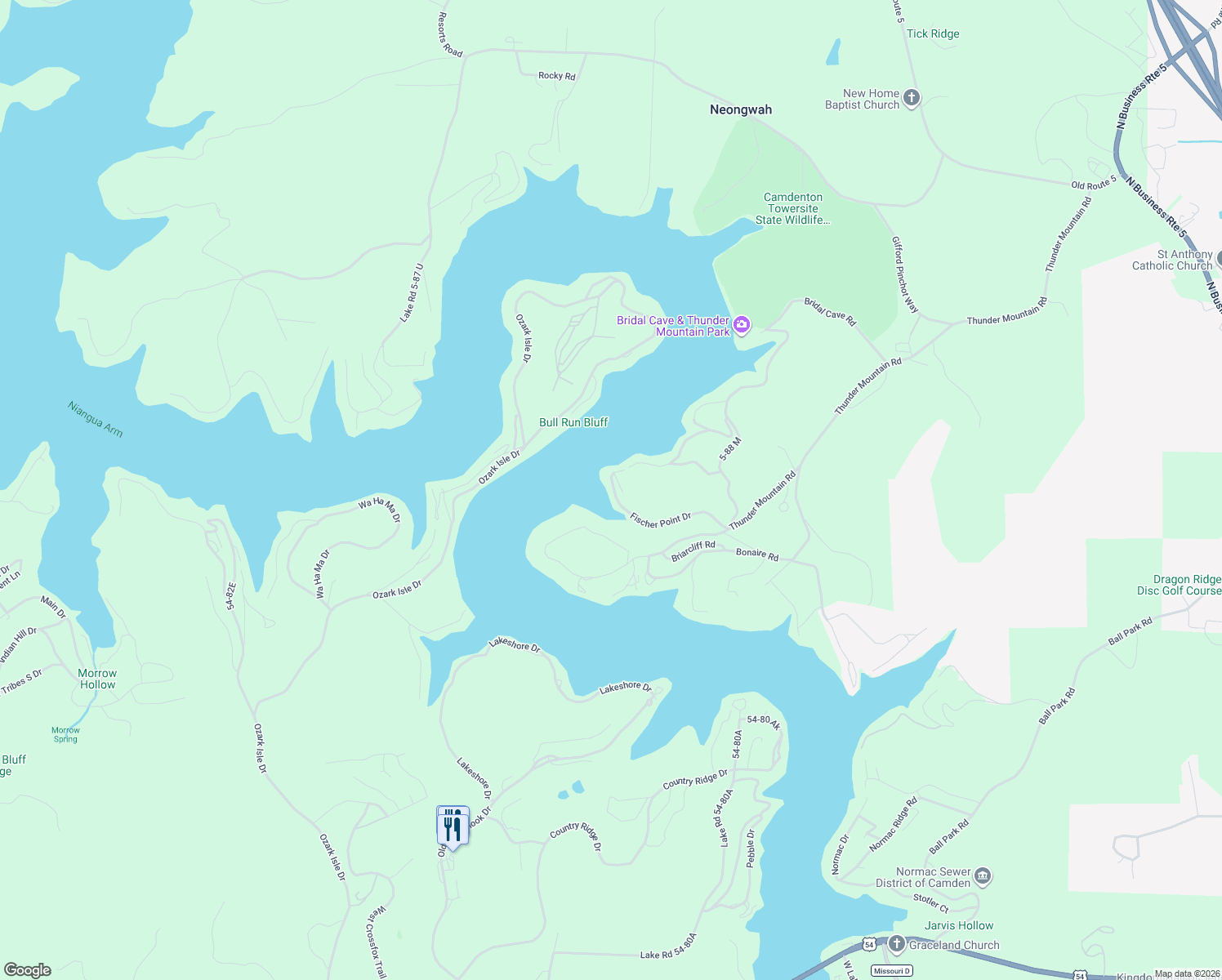 map of restaurants, bars, coffee shops, grocery stores, and more near 442 Fischer Point Drive in Camdenton