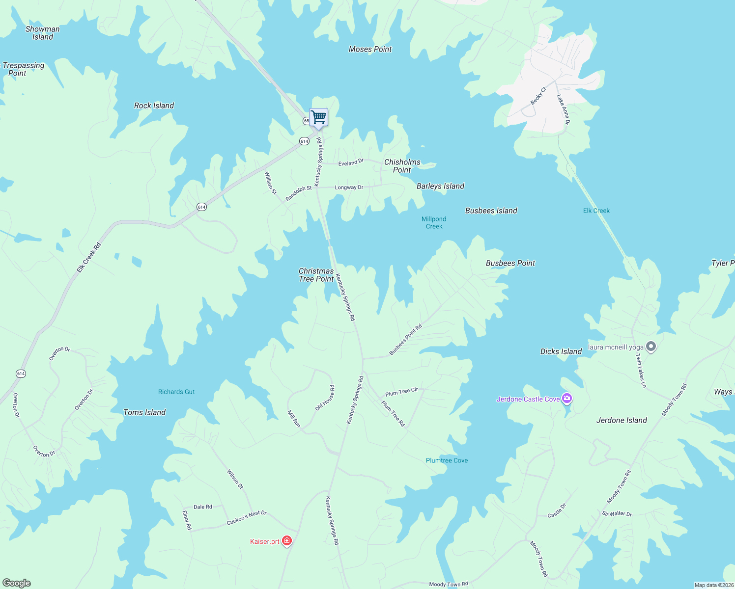 map of restaurants, bars, coffee shops, grocery stores, and more near 4390 Kentucky Springs Road in Bumpass