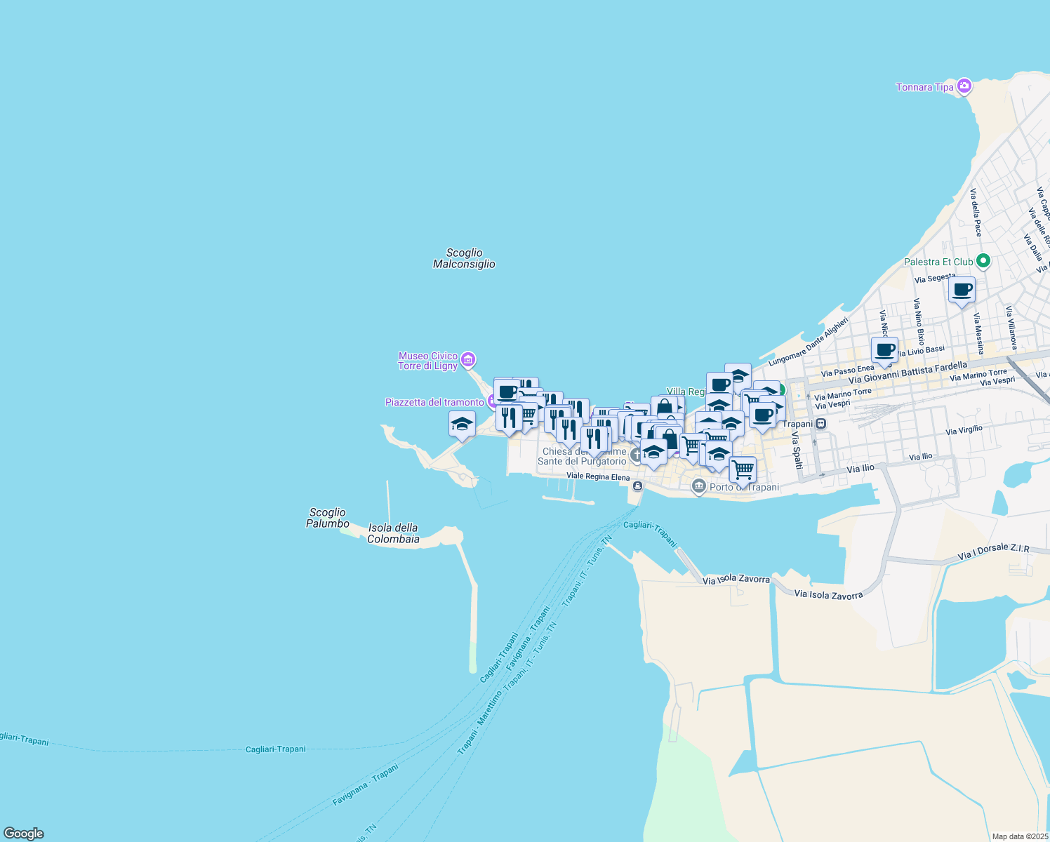 map of restaurants, bars, coffee shops, grocery stores, and more near 63 Via Sirene in Trapani