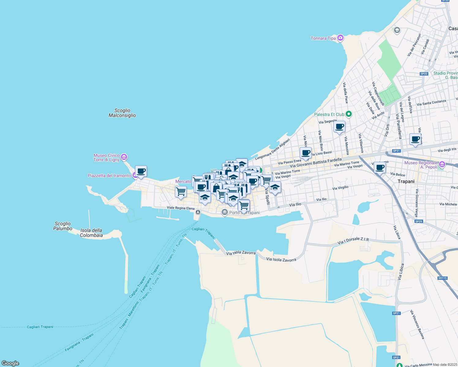 map of restaurants, bars, coffee shops, grocery stores, and more near Salita San Domenico in Trapani