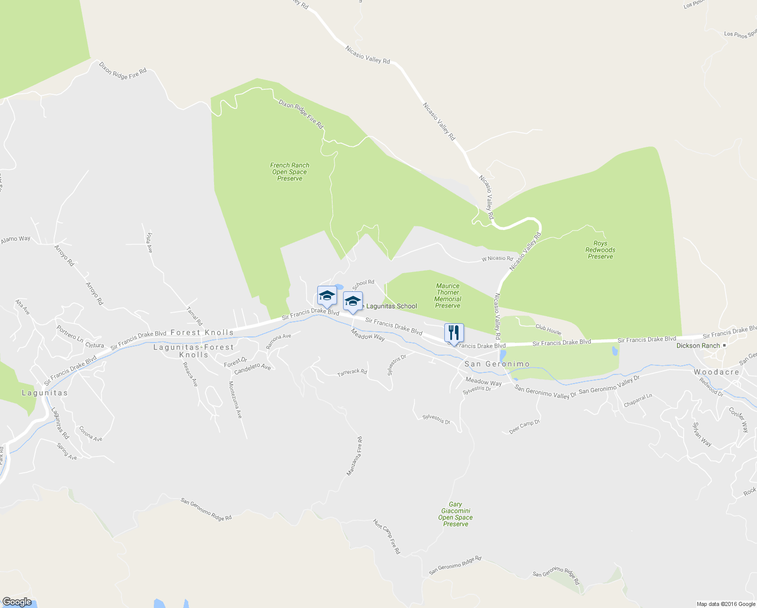 map of restaurants, bars, coffee shops, grocery stores, and more near 1 Lagunitas School Road in San Geronimo