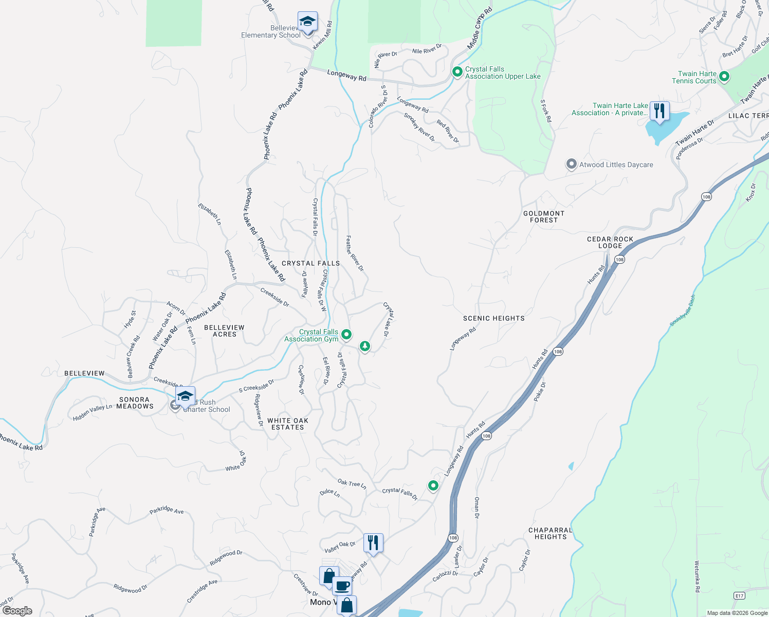 map of restaurants, bars, coffee shops, grocery stores, and more near 21747 Crystal Lake Drive in Sonora
