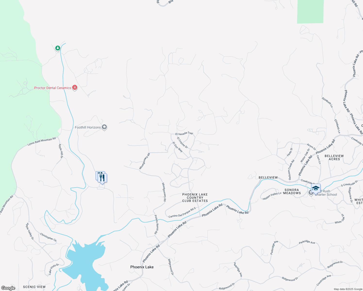 map of restaurants, bars, coffee shops, grocery stores, and more near 21800 El Coyote Drive in Sonora