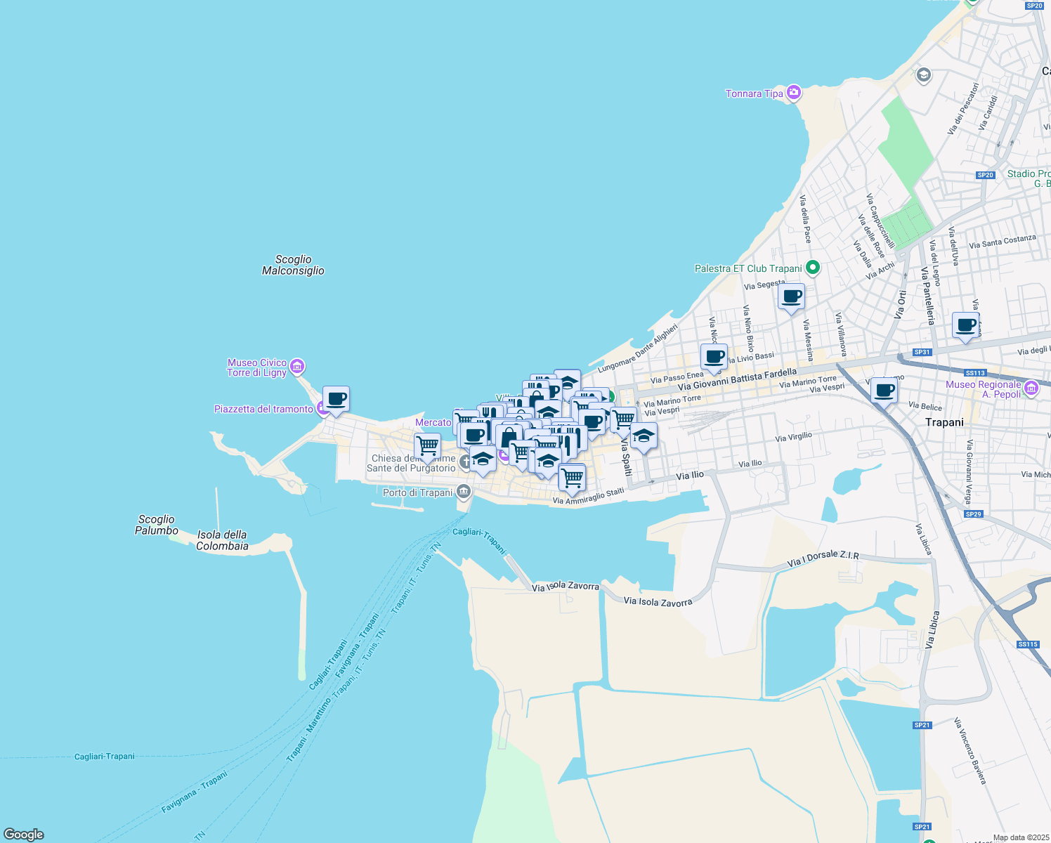 map of restaurants, bars, coffee shops, grocery stores, and more near Salita San Domenico in Trapani