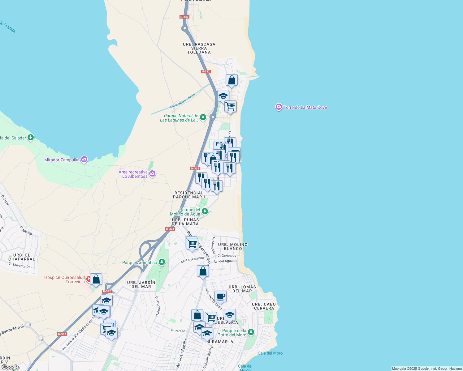 map of restaurants, bars, coffee shops, grocery stores, and more near 2 Avenida de Alemania in La Mata