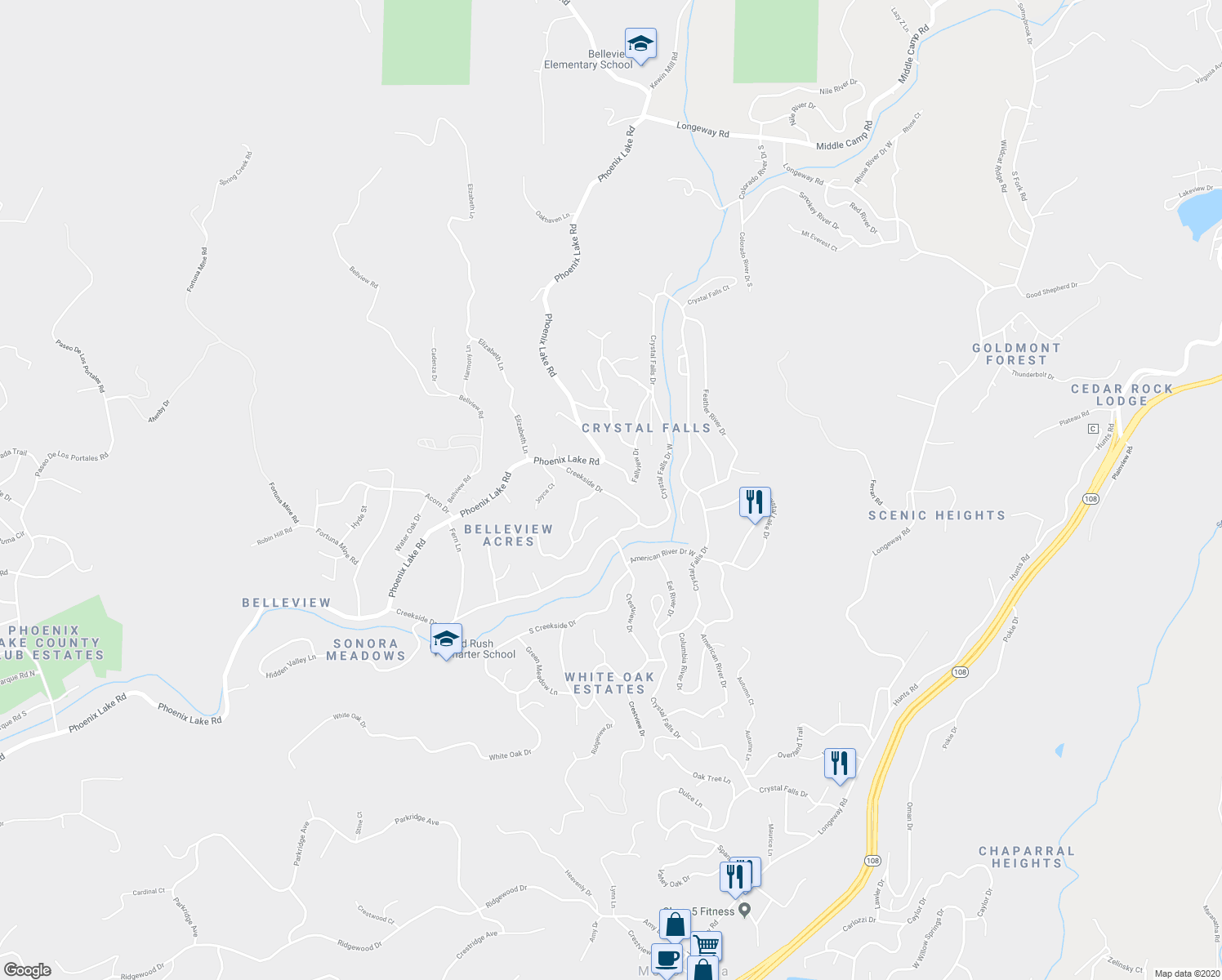map of restaurants, bars, coffee shops, grocery stores, and more near 16601 Creekside Drive in Sonora