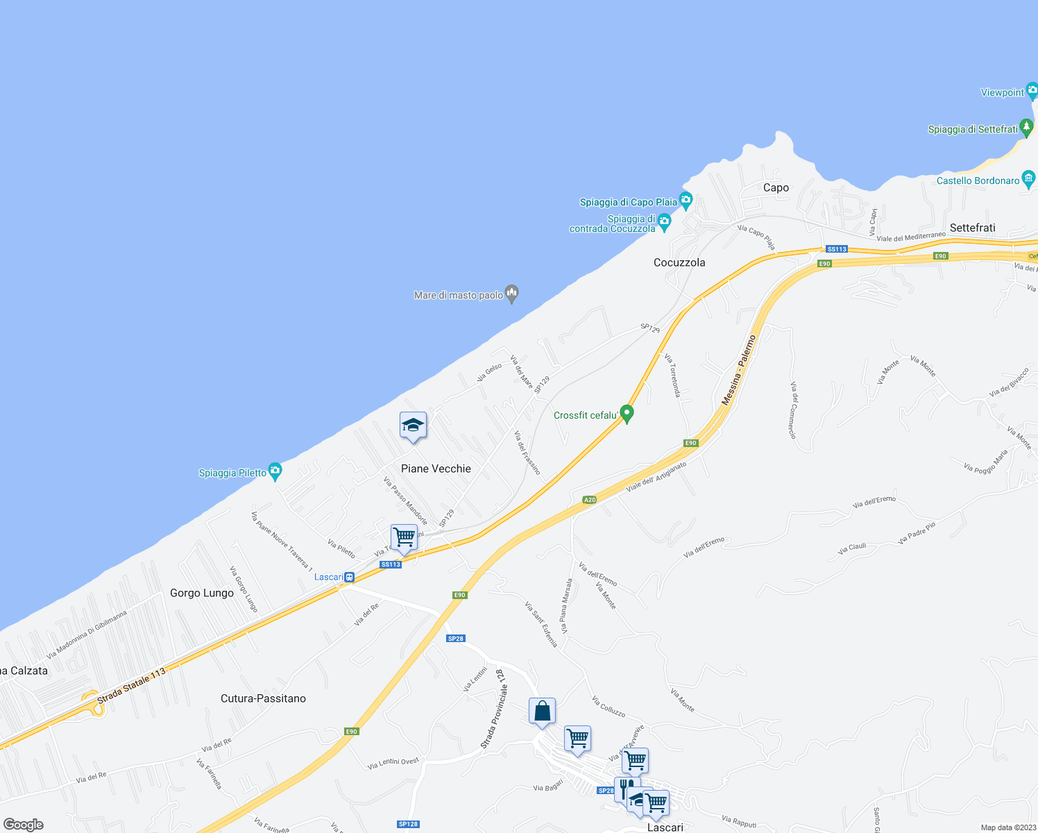 map of restaurants, bars, coffee shops, grocery stores, and more near Strada Provinciale 129 in Provincia di Palermo