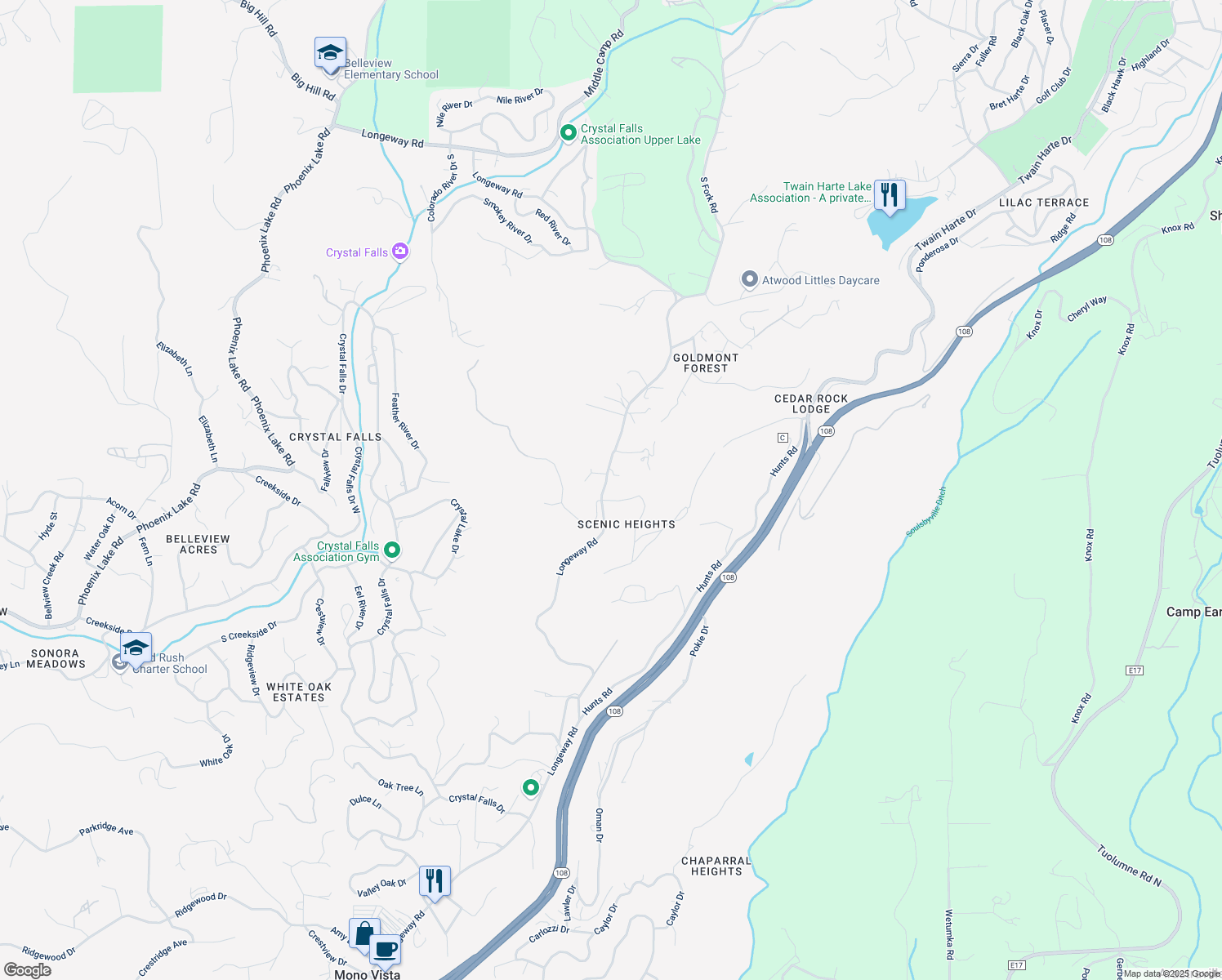 map of restaurants, bars, coffee shops, grocery stores, and more near 21700-22198 Ferrari Rd in Sonora