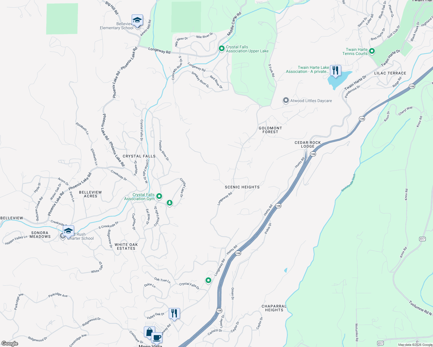 map of restaurants, bars, coffee shops, grocery stores, and more near 21828-22198 Ferrari Road in Sonora