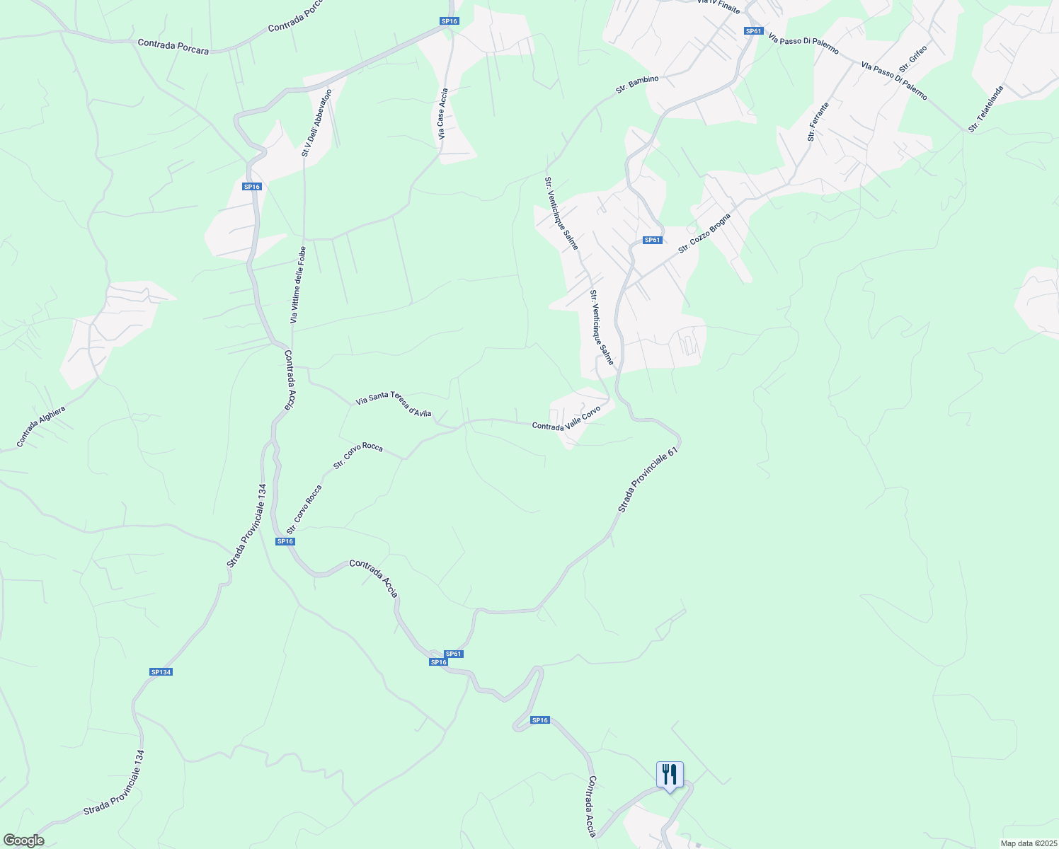 map of restaurants, bars, coffee shops, grocery stores, and more near 25 Contrada Valle Corvo in Città metropolitana di Palermo