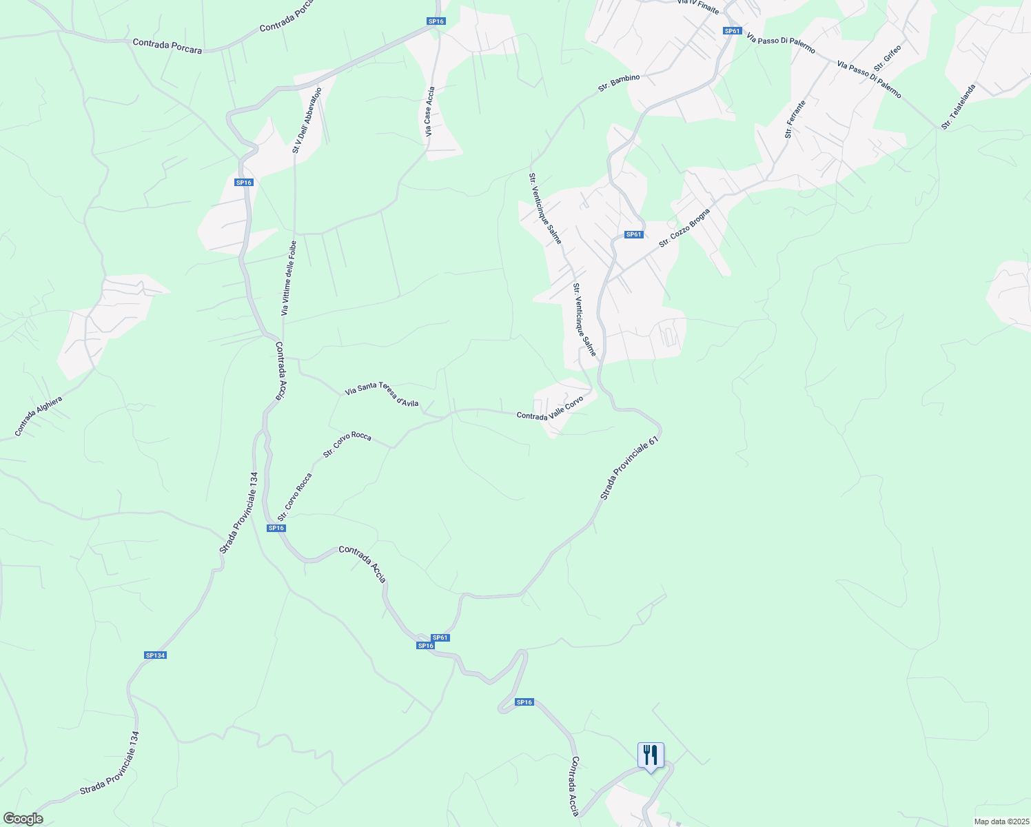 map of restaurants, bars, coffee shops, grocery stores, and more near 25 Contrada Valle Corvo in Provincia di Palermo