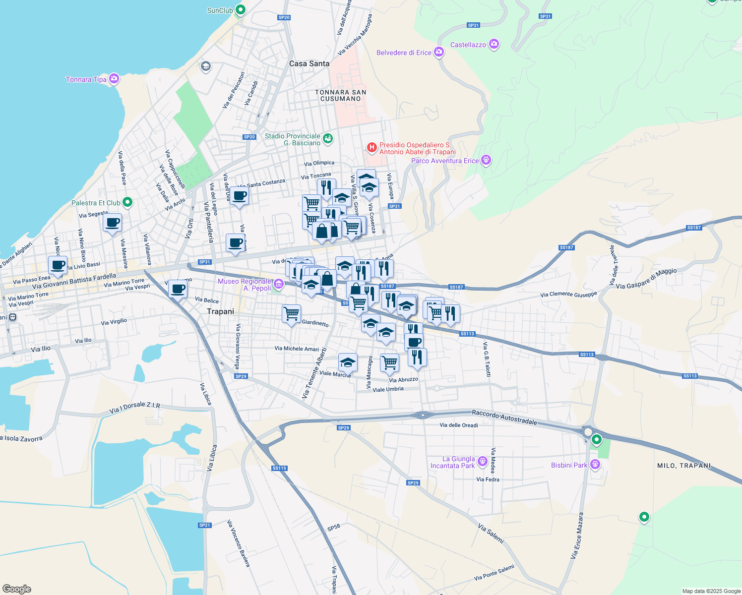 map of restaurants, bars, coffee shops, grocery stores, and more near Via Antonio Amaro in Casa Santa