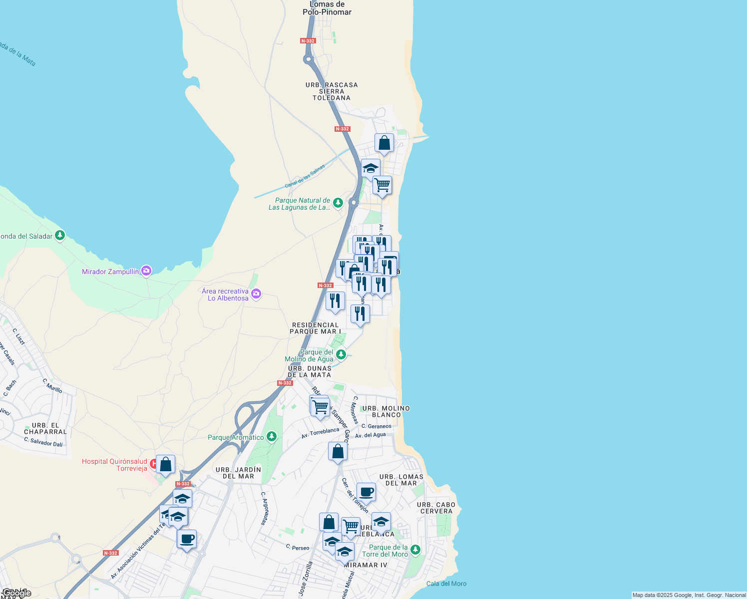 map of restaurants, bars, coffee shops, grocery stores, and more near 44 Avenida de Francia in Torrevieja
