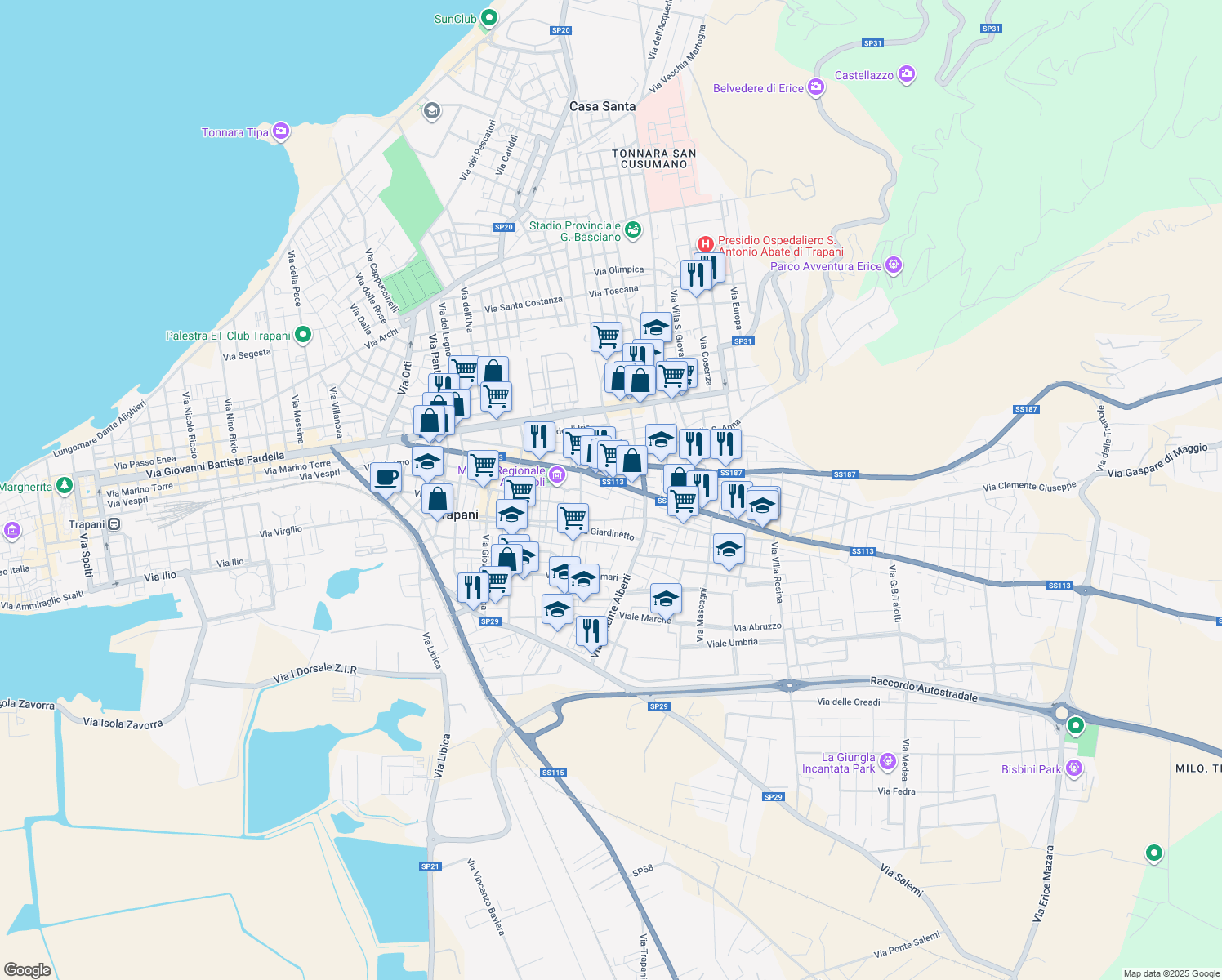 map of restaurants, bars, coffee shops, grocery stores, and more near 66-68 Via Palermo in Trapani