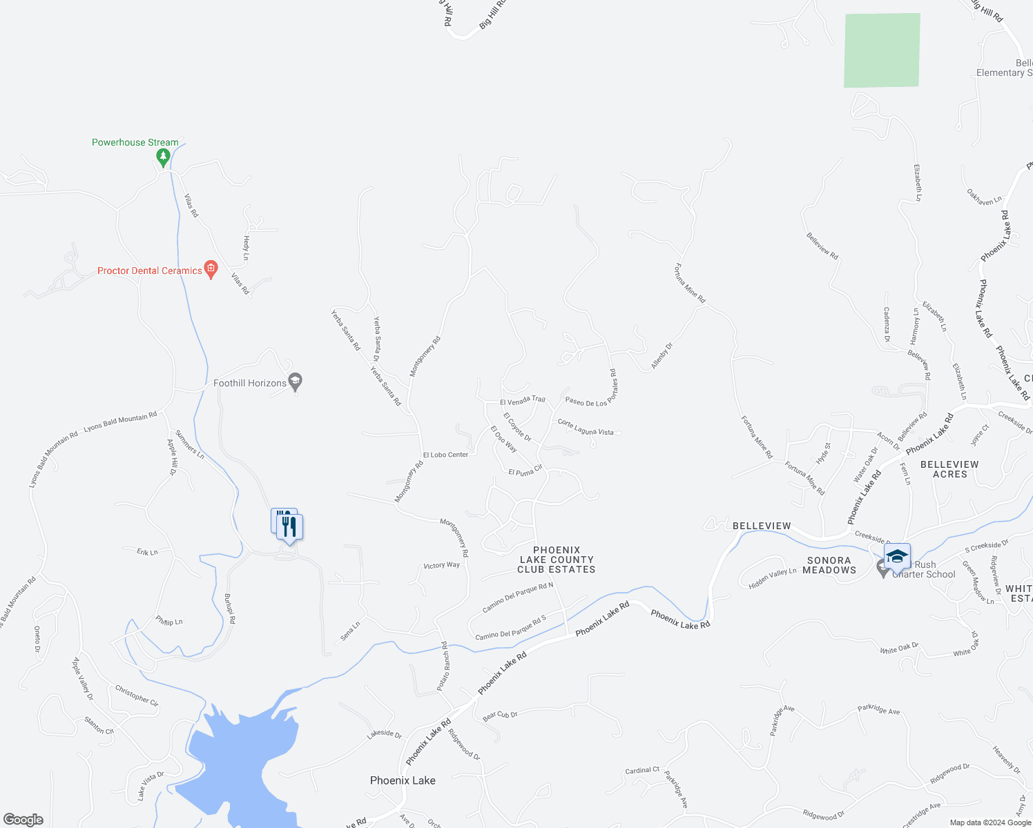 map of restaurants, bars, coffee shops, grocery stores, and more near 21847 El Coyote Drive in Sonora