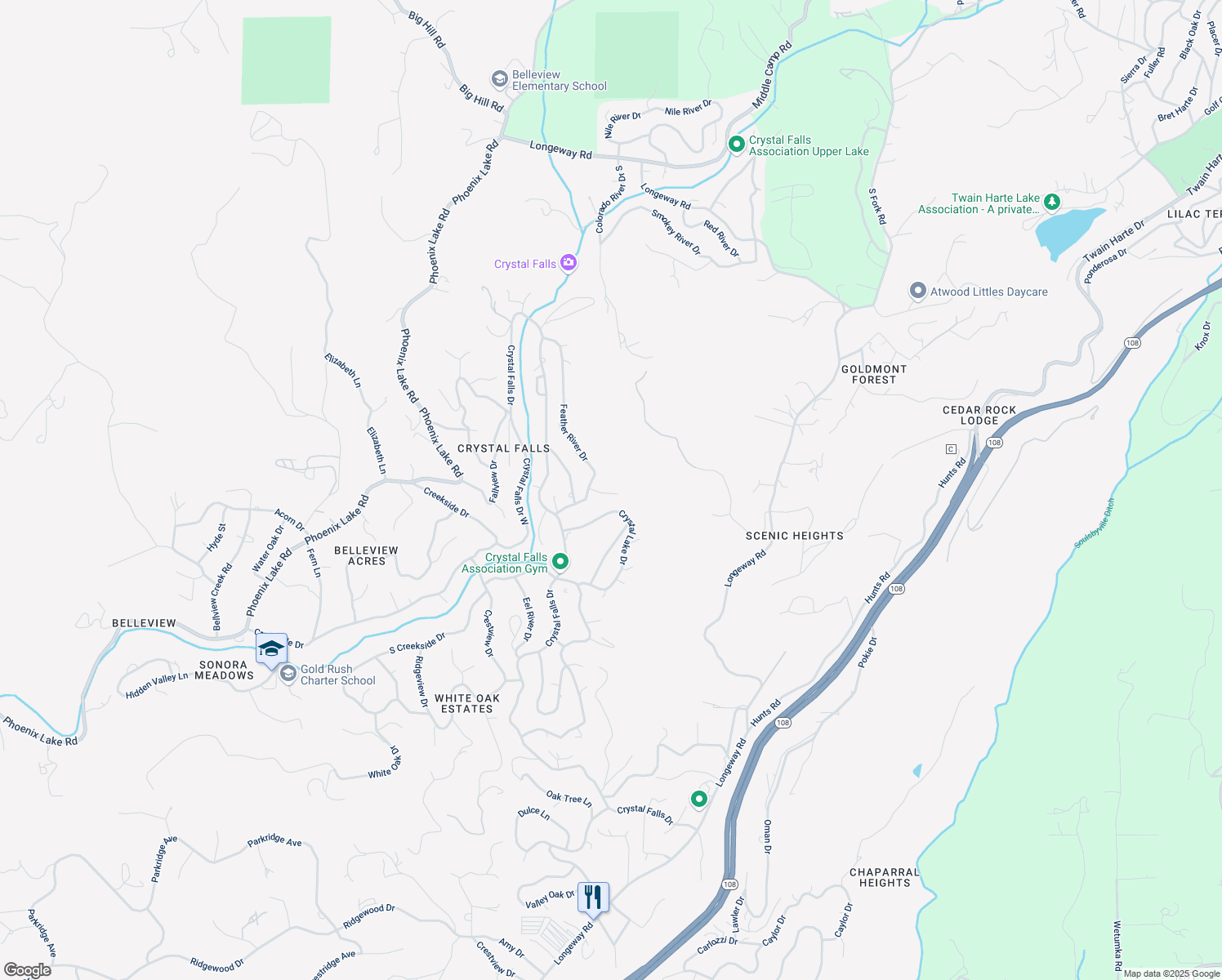 map of restaurants, bars, coffee shops, grocery stores, and more near 17134 Salmon River Court in Sonora