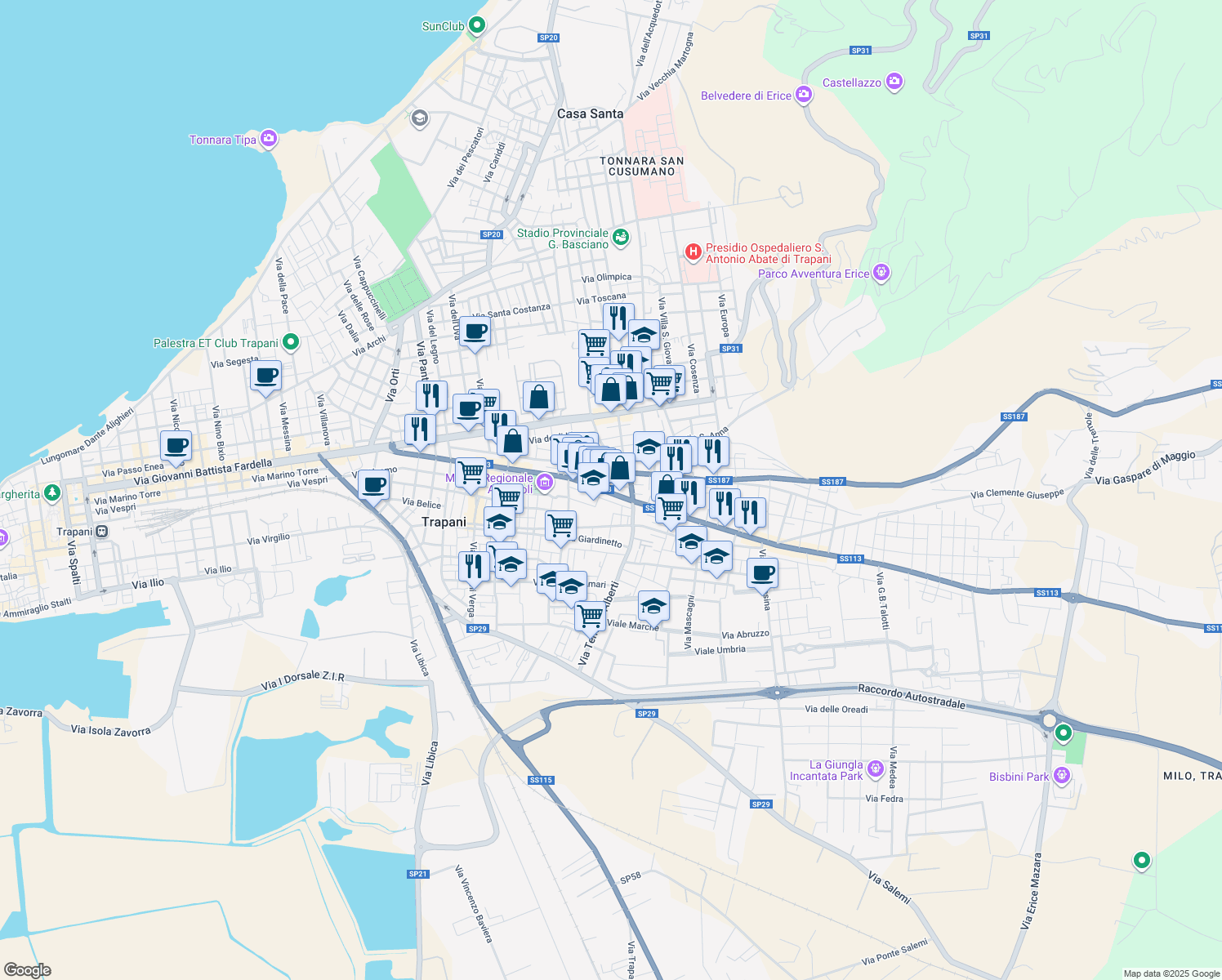 map of restaurants, bars, coffee shops, grocery stores, and more near 68 Via Palermo in Trapani