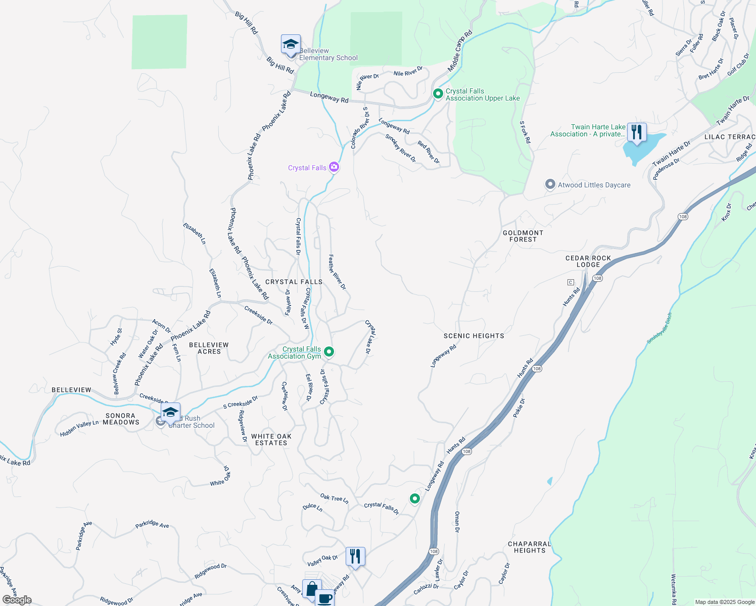 map of restaurants, bars, coffee shops, grocery stores, and more near 17134 Salmon River Court in Sonora