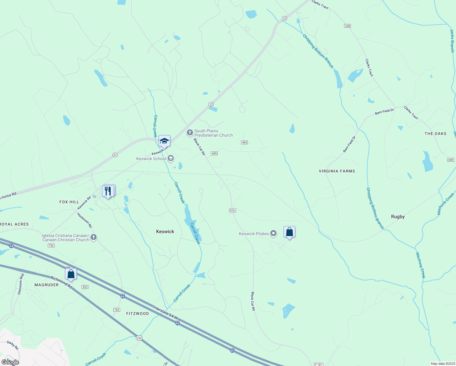 map of restaurants, bars, coffee shops, grocery stores, and more near 641 Black Cat Road in Keswick