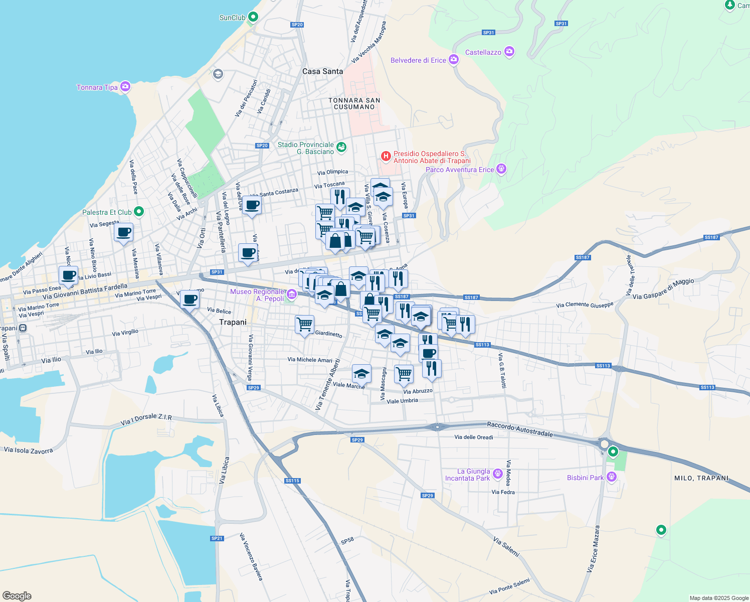 map of restaurants, bars, coffee shops, grocery stores, and more near Via Antonio Amaro in Casa Santa