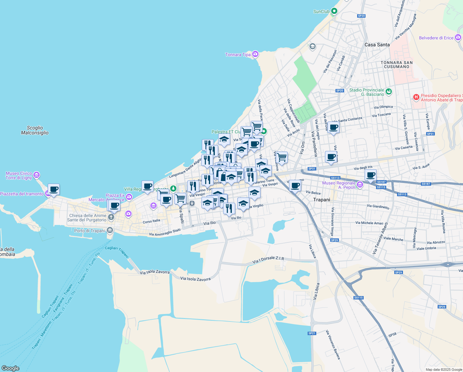 map of restaurants, bars, coffee shops, grocery stores, and more near 116 Via Giovanni Battista Fardella in Trapani